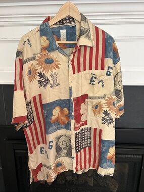 Vintage Americana Floral Patchwork Button-Up Shirt Burma Bibas 100% silk